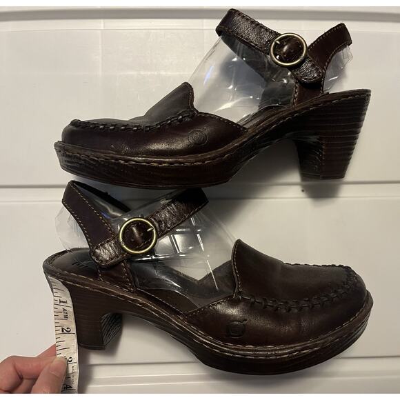 Born Stacked Heel Sandals Size 8 Brown Leather Stitched Closed Toe Ankle Strap - Picture 8 of 11